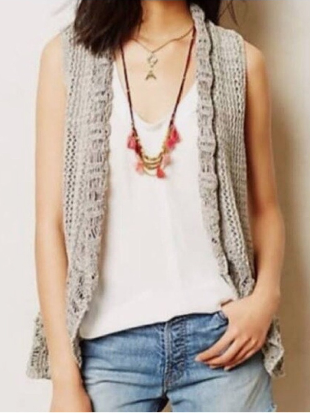 Angel Of The North Open-Knit Gray/Greenish Sleeveless Cardigan Vest Size XS